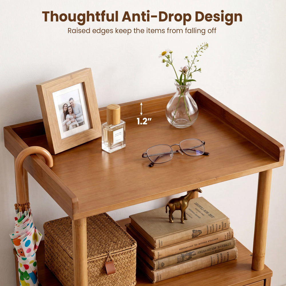 Bamboo rattan nightstand features a 1.2" raised edge, flip-up door, and open shelf for convenient storage in any room.