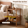 Bamboo rattan nightstand with raised edge, flip-up door, and open shelf for convenient storage in walnut finish.