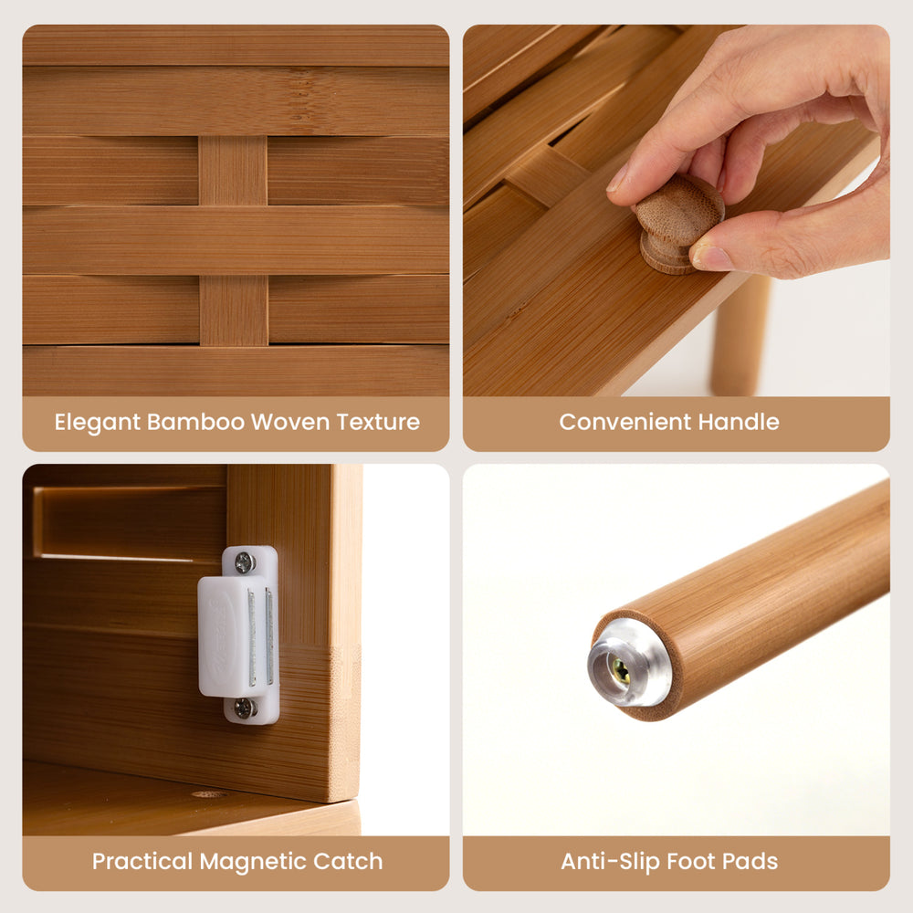 Bamboo rattan nightstand features a woven texture, flip-up door, open shelf, and anti-slip foot pads for stability.