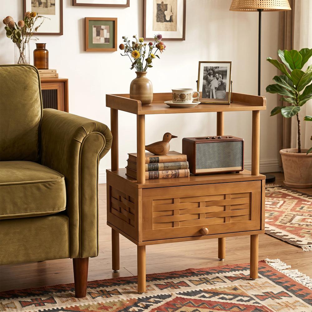 Bamboo rattan nightstand in walnut features a raised edge, flip-up door, and open shelf for convenient storage.