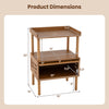 Bamboo rattan nightstand dimensions with raised edges, flip-up door, and open shelf for versatile storage in walnut finish.