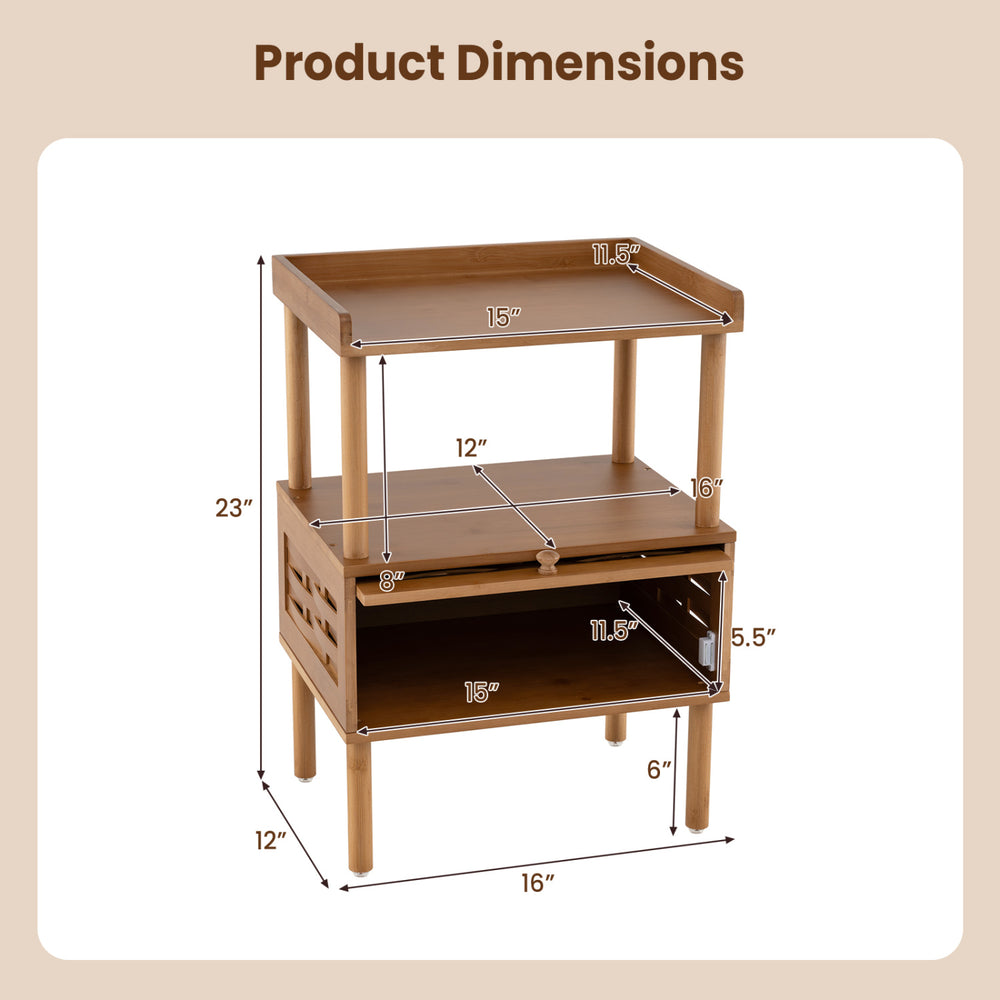 Bamboo rattan nightstand dimensions with raised edges, flip-up door, and open shelf for versatile storage in walnut finish.