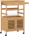 Bamboo rolling kitchen island trolley features a spacious cabinet, wine rack, and towel holder for versatile storage solutions.