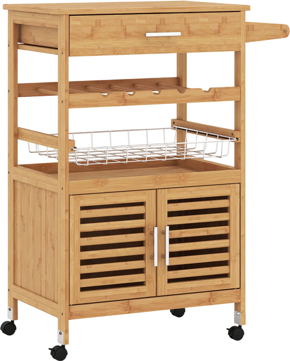Bamboo rolling kitchen island trolley features a spacious cabinet, wine rack, and towel holder for versatile storage solutions.