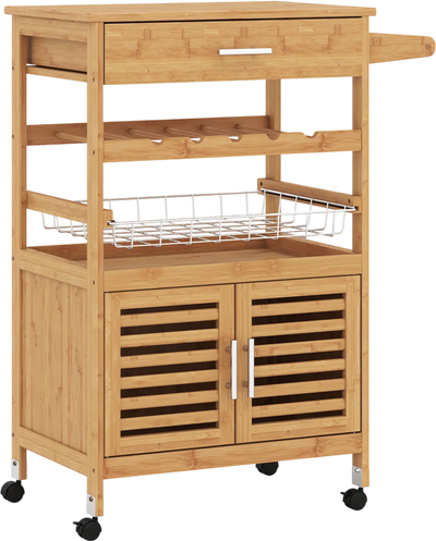 Costway Bamboo Rolling Kitchen Island Trolley Storage Cabinet Wine Rack 48830440 New
