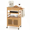 Bamboo rolling kitchen island trolley features a wine rack, spacious cabinet, and towel rack for convenient storage.