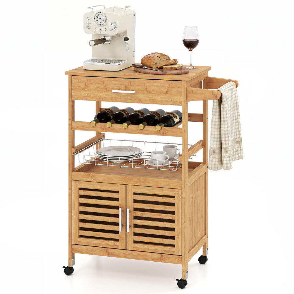 Bamboo rolling kitchen island trolley features a wine rack, spacious cabinet, and towel rack for convenient storage.