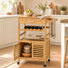 Bamboo rolling kitchen island trolley features a wine rack, spacious cabinet, and towel rack for convenient storage solutions.