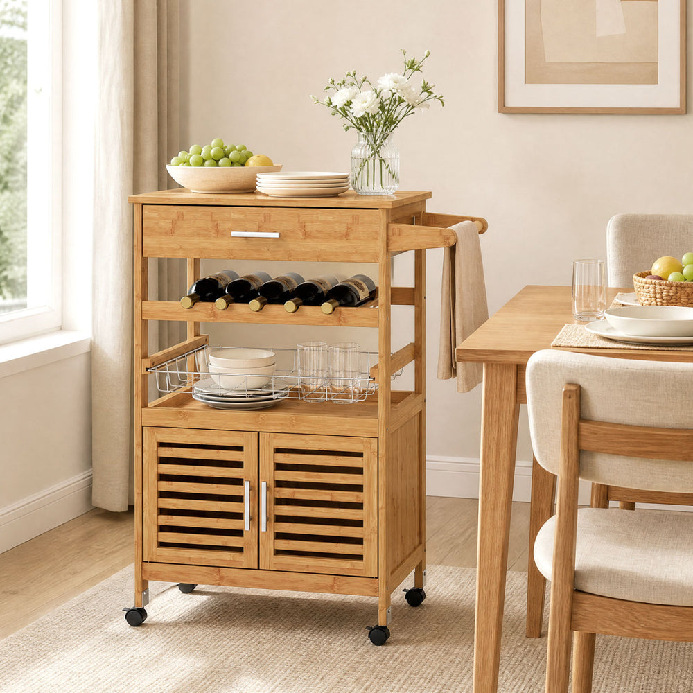 Bamboo rolling kitchen island trolley features a wine rack, spacious cabinet, and lockable wheels for easy mobility.