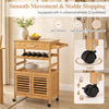 Bamboo rolling kitchen island trolley with wine rack, storage cabinet, and 360° lockable wheels for easy mobility.
