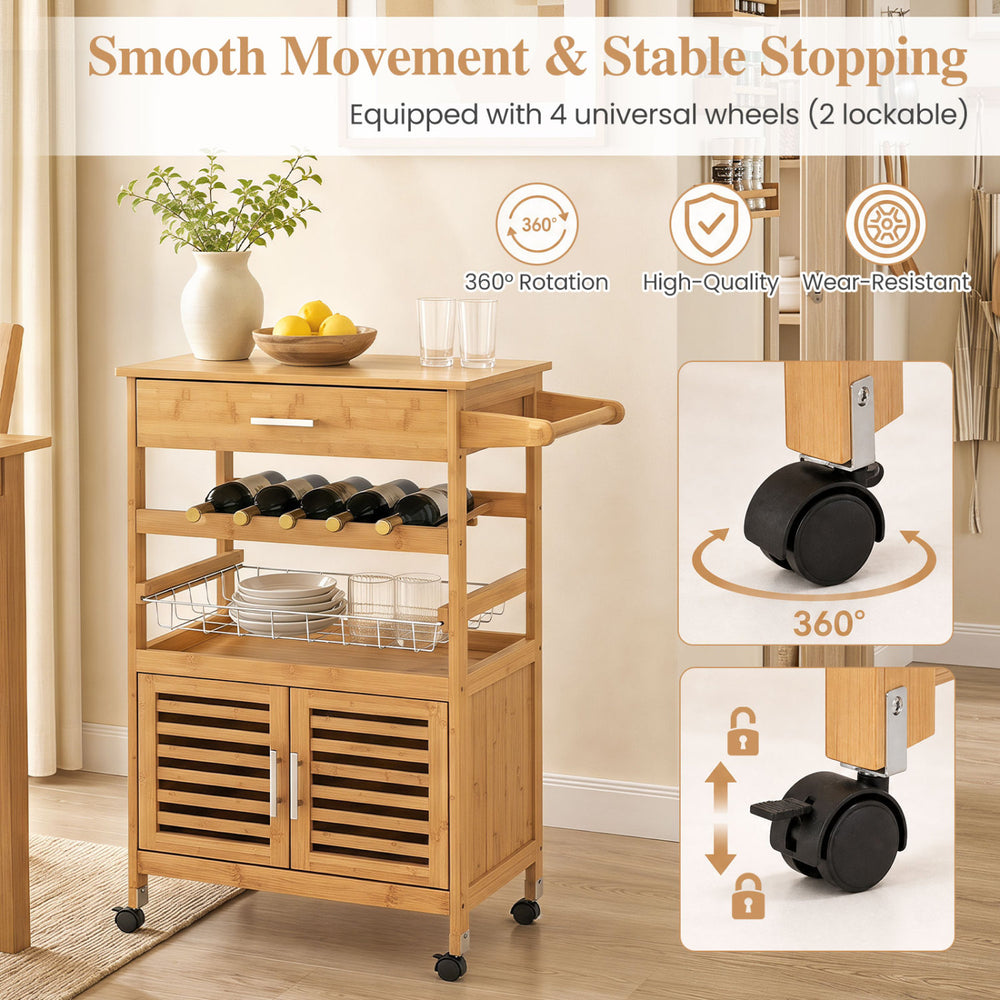 Bamboo rolling kitchen island trolley with wine rack, storage cabinet, and 360° lockable wheels for easy mobility.