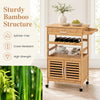 Bamboo rolling kitchen island trolley features a wine rack, spacious cabinet, and durable splinter-free construction for versatile use.