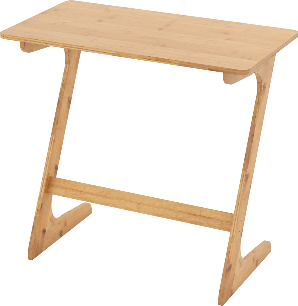 Bamboo Z-shaped side table with spacious tabletop, ideal for small rooms and versatile use as a laptop desk or TV tray.