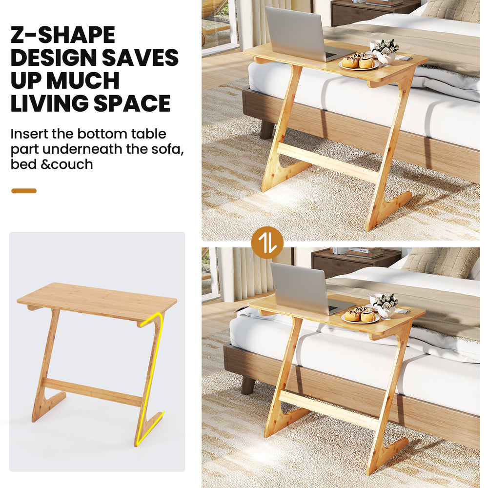 Bamboo Z-shaped side table featuring a unique design, perfect for maximizing floor space in bedrooms or studies.