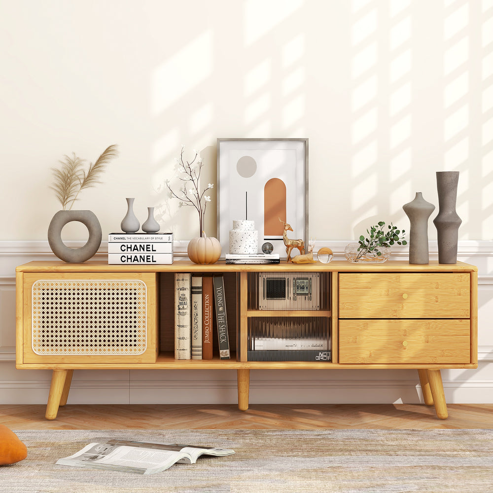 Bamboo TV stand with rattan and glass doors, suitable for TVs up to 65 inches, featuring storage compartments and.