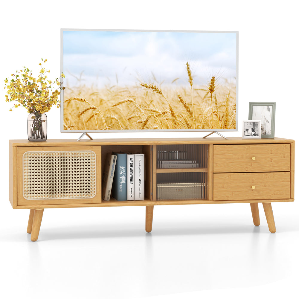 Bamboo TV stand with rattan and glass doors, suitable for TVs up to 65 inches, featuring adjustable shelves and storage.
