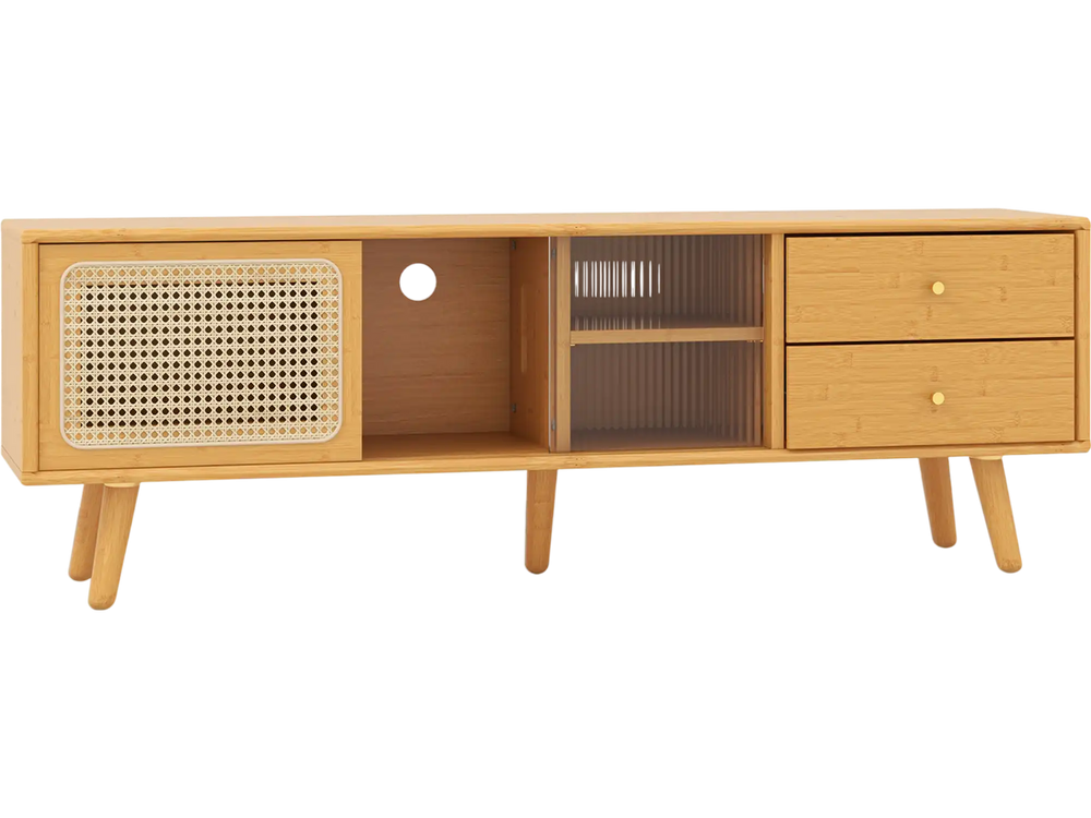Bamboo TV stand with rattan and glass doors, featuring 2 drawers and adjustable shelf for TVs up to 65 inches.