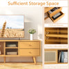 Bamboo TV stand with 2 pull-out drawers and adjustable shelf, designed for TVs up to 65 inches, perfect for elegant.