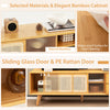 Bamboo TV stand with rattan and glass doors, featuring a waterproof surface and adjustable shelf for versatile storage.