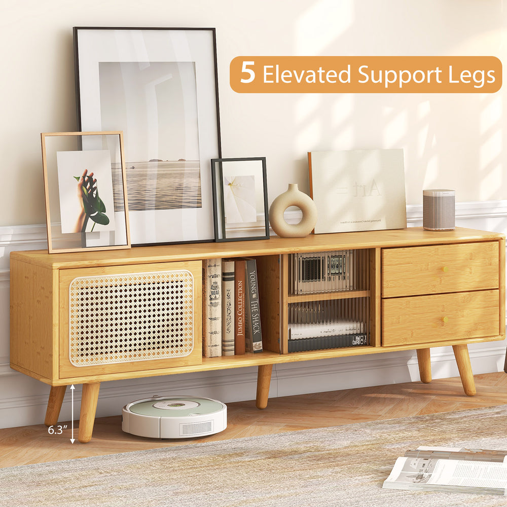 Bamboo TV stand with rattan and glass doors, featuring 2 drawers and 5 elevated legs for easy cleaning and storage.