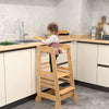 Bamboo kids kitchen step stool with adjustable height and safety rails, ideal for encouraging independence in toddlers.