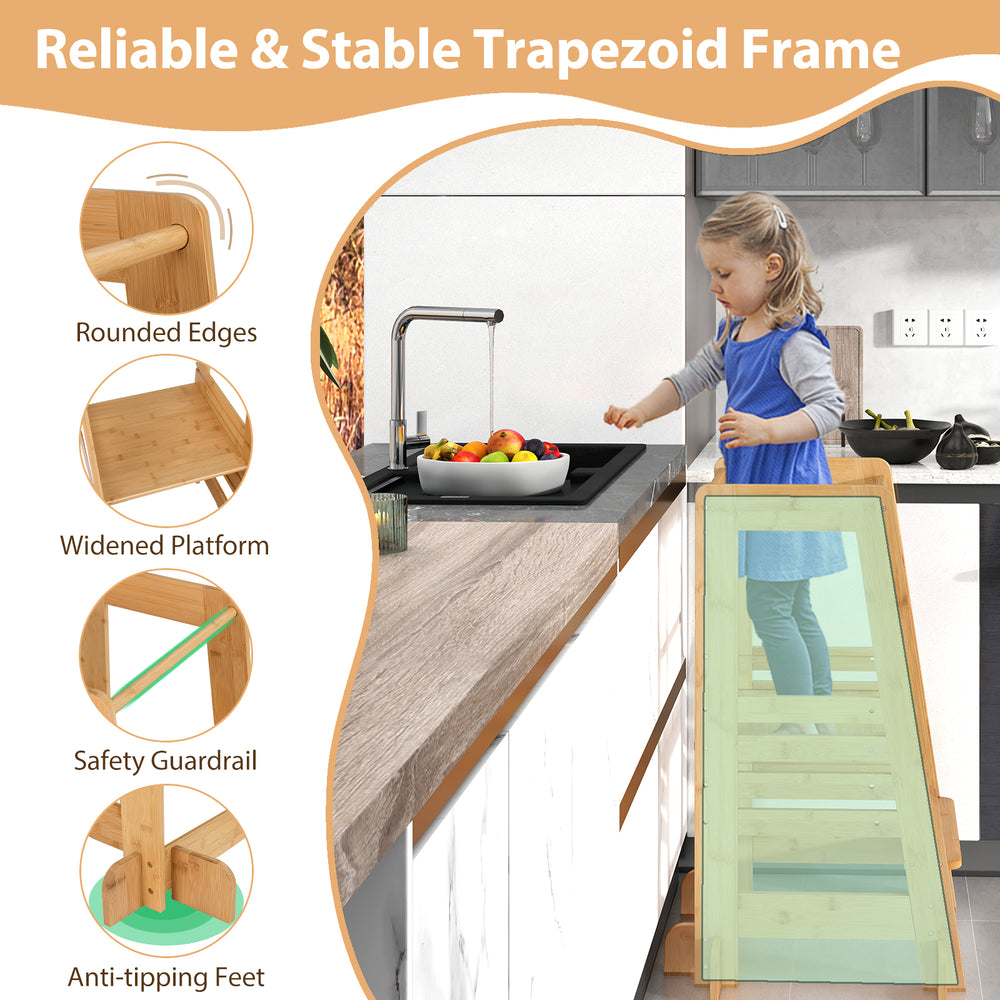 Bamboo kids kitchen step stool with adjustable height, safety rails, and stable trapezoid frame for toddler.