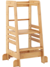 Bamboo kids kitchen step stool with adjustable height, safety rails, and stable A-shaped structure for toddlers'.