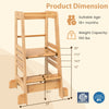 Bamboo kids kitchen step stool dimensions showcasing adjustable heights, sturdy frame, and safety rail for toddler use.