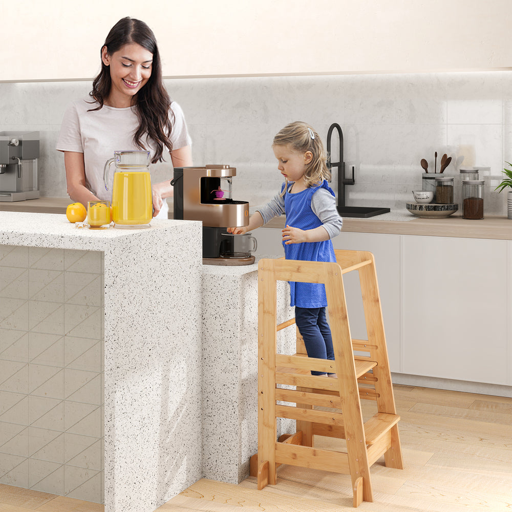 Bamboo kids kitchen step stool with adjustable height and safety rails, perfect for toddlers to gain independence.