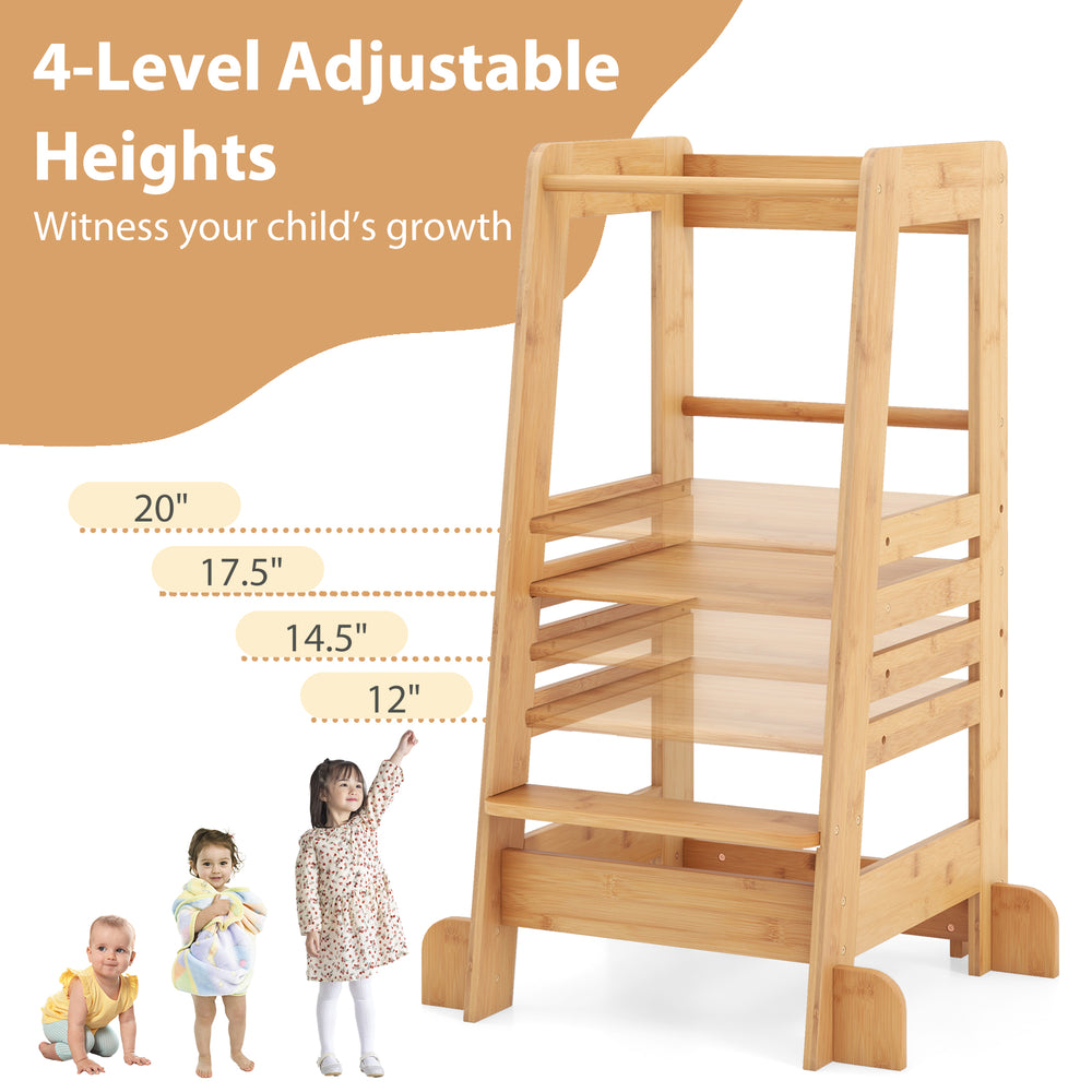 Bamboo kids kitchen step stool with four adjustable height levels, designed for toddlers' growth and independence.