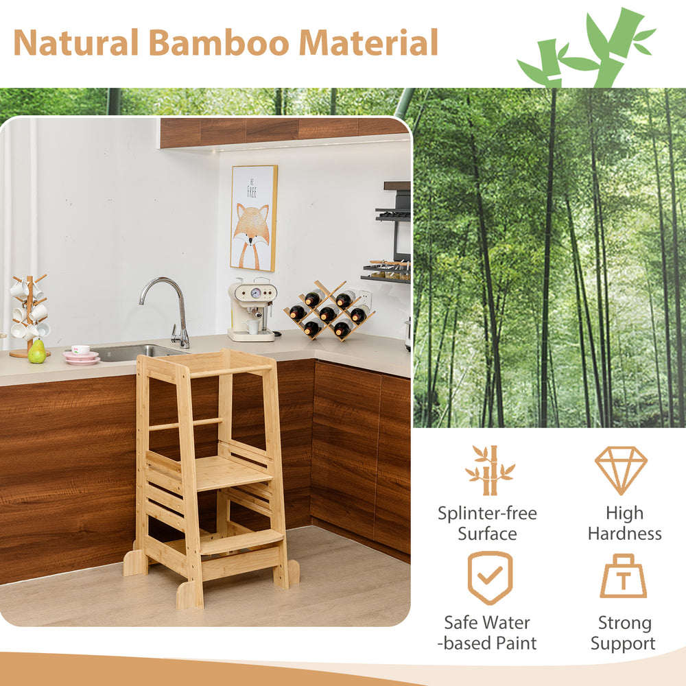 Bamboo kids kitchen step stool with adjustable height, safety rails, and sturdy A-shaped structure for child.