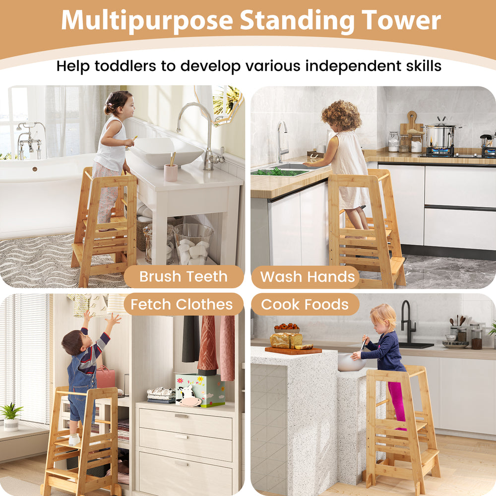 Bamboo kids kitchen step stool with adjustable height and safety rails, promoting independence for toddlers at home.