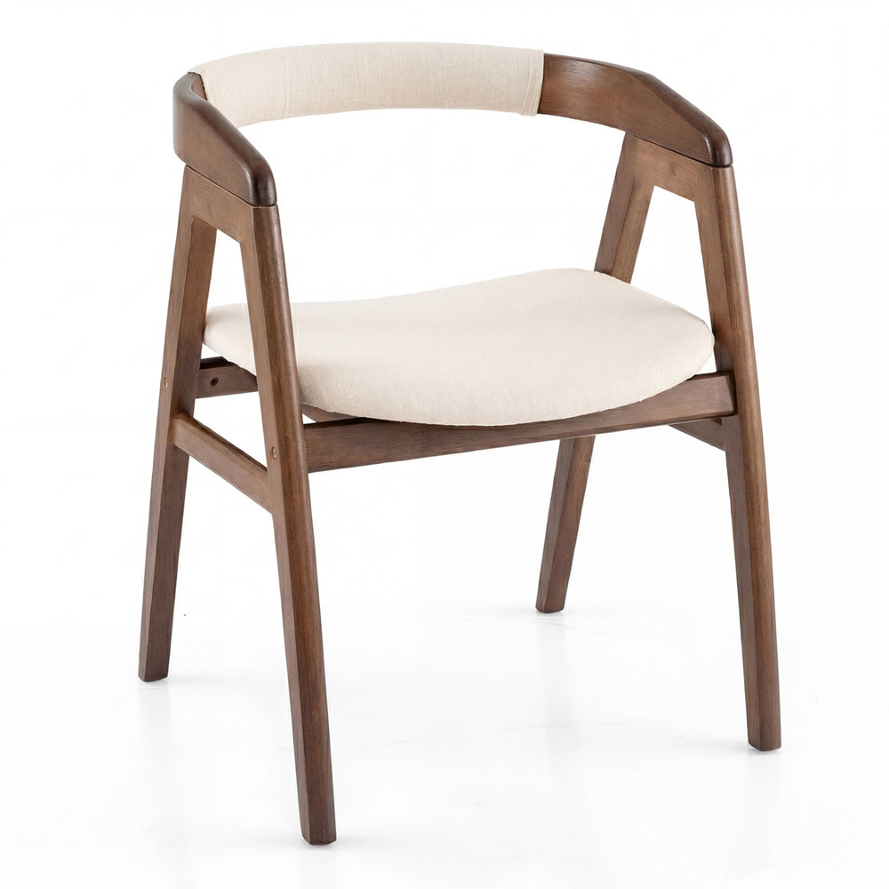 Bamboo upholstered dining chair with curved back and armrests, walnut finish, ideal for dining rooms and living spaces.