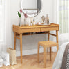 Bamboo writing desk with two storage drawers and open shelf, ideal for studying or makeup in a natural finish.