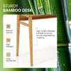 Bamboo writing desk with natural texture, featuring sturdy construction, two storage drawers, and an open shelf for.