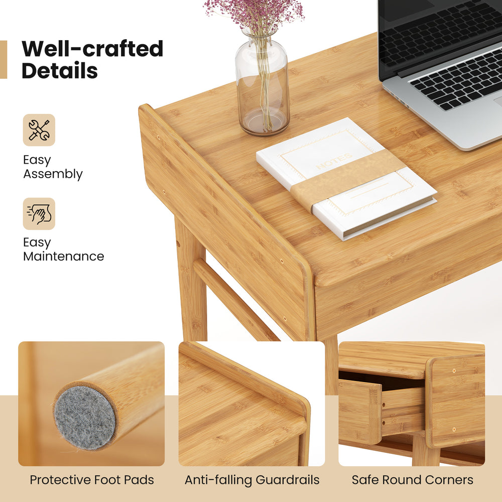 Bamboo writing desk featuring two storage drawers, open shelf, and protective foot pads for safe use and organization.