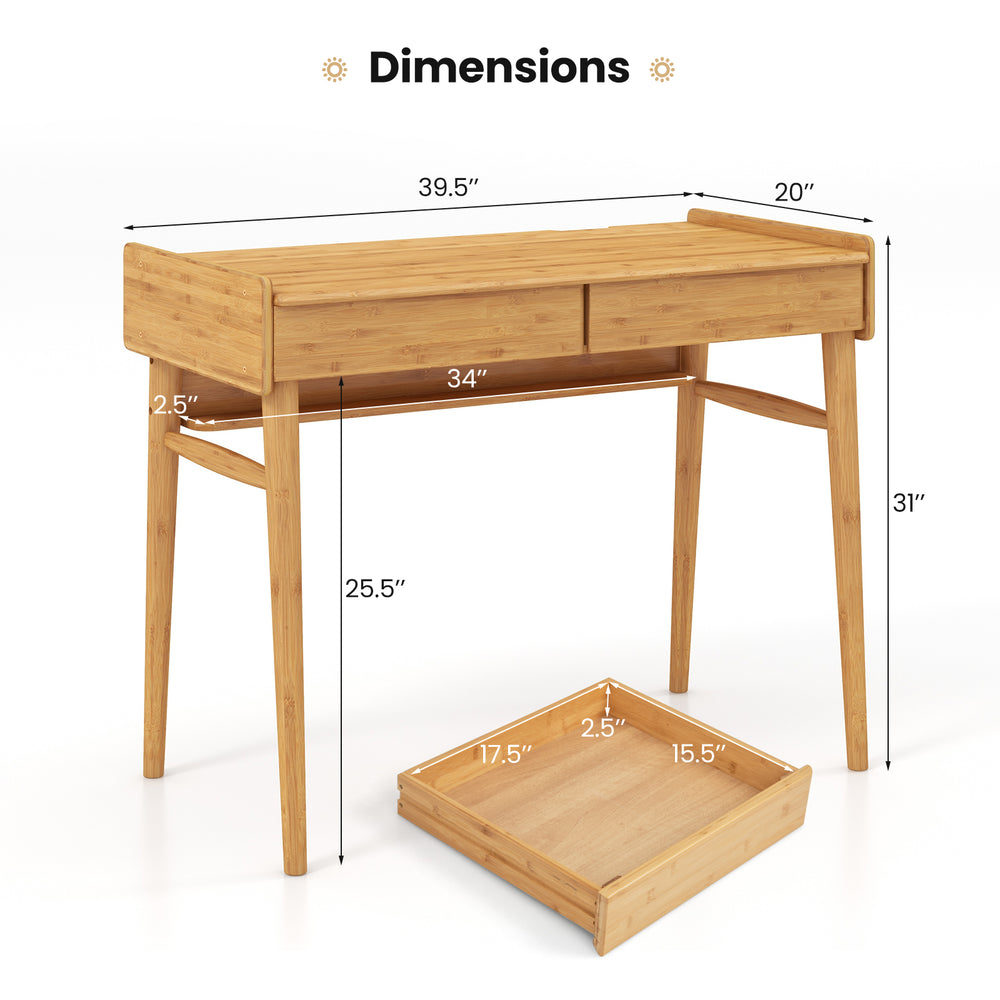 Bamboo writing desk with two storage drawers and open shelf, featuring dimensions and cable management slot for.