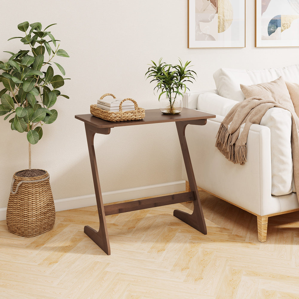 Bamboo Z-Shaped Spacious Sofa Side Table with Space-Saving Tabletop-Brown - Gallery View 1 of 13