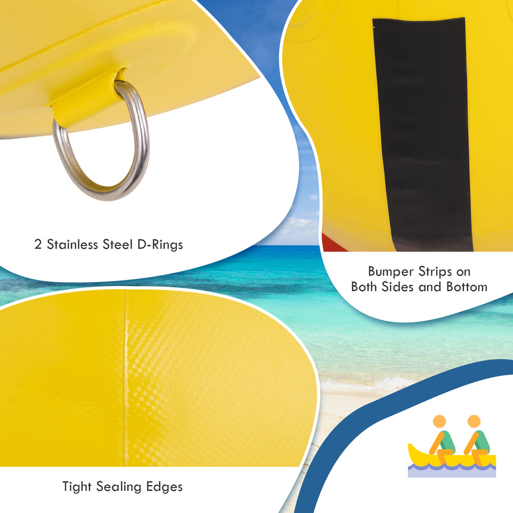 Close-up of the inflatable banana boat's stainless steel D-rings, tight sealing edges, and bumper strips for durability.