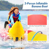 3-person inflatable banana boat with bright red and yellow design, featuring anti-slip EVA seats and reinforced handles.