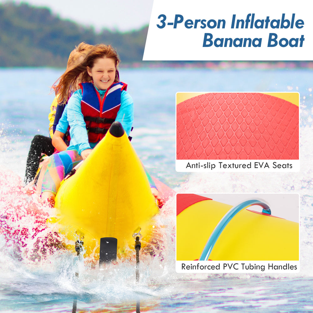 3-person inflatable banana boat with bright red and yellow design, featuring anti-slip EVA seats and reinforced handles.