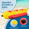 3-person inflatable banana boat in bright yellow and red, featuring durable PVC, non-slip seats, and electric air pump.