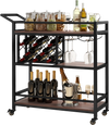 3-tier bar cart on wheels with wine rack, glass holder, and sturdy metal frame for versatile kitchen or serving use.