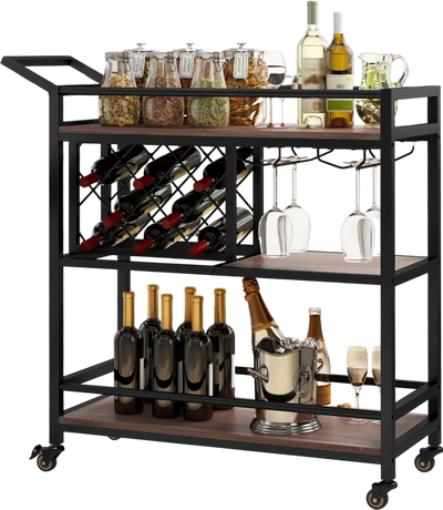 Costway 3-Tier Bar Cart on Wheels Kitchen Serving Cart Wine Rack Glass Holder Brown 974186253 New