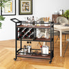 3-tier bar cart on wheels with wine rack and glass holder, featuring a sturdy metal frame for kitchen or home use.