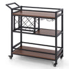 3-tier bar cart on wheels with brown shelves, wine rack, and glass holder, perfect for serving in home kitchens.