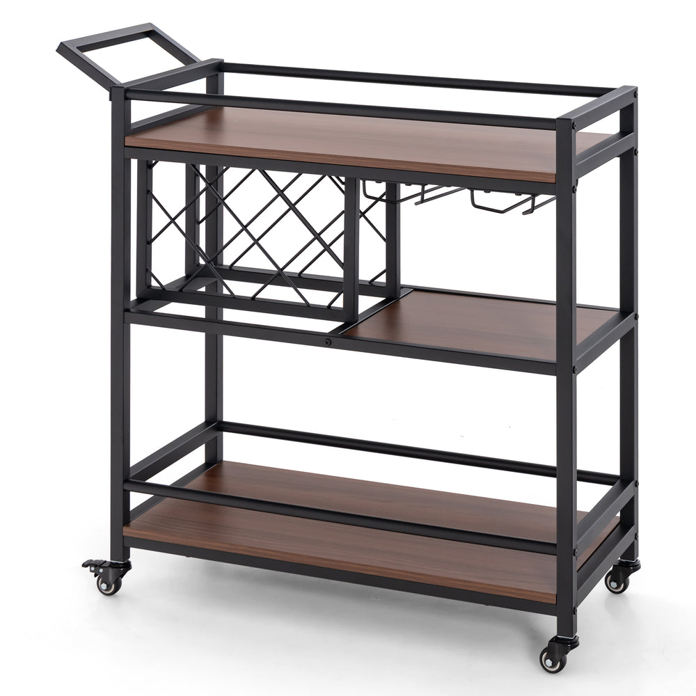 3-tier bar cart on wheels with brown shelves, wine rack, and glass holder, perfect for serving in home kitchens.