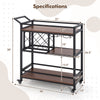 3-tier bar cart on wheels with a wine rack and glass holder, featuring a sturdy metal frame and ample storage space.