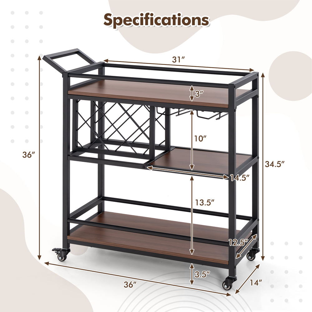 3-tier bar cart on wheels with a wine rack and glass holder, featuring a sturdy metal frame and ample storage space.