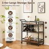 3-tier bar cart with brown shelves and dedicated wine rack, featuring a convenient side handle for easy maneuverability.